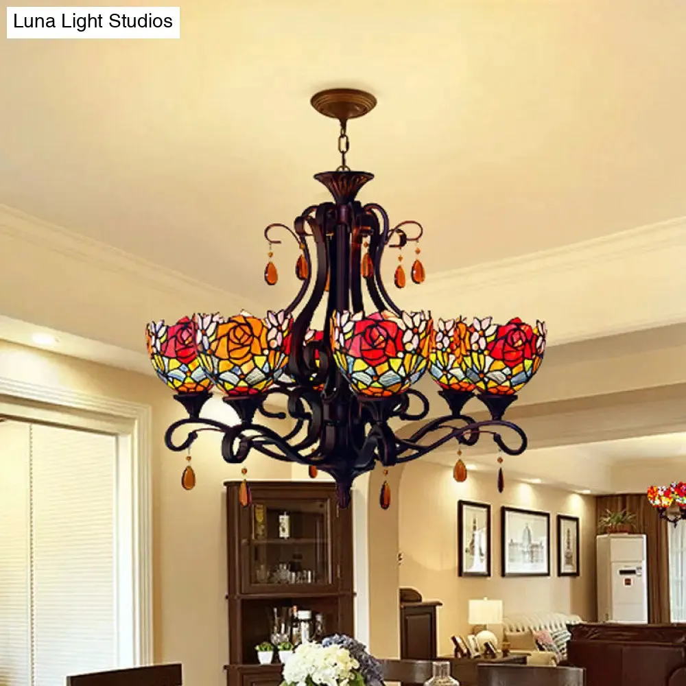 Mediterranean Stained Glass Chandelier - 6-Lights Red/Yellow/Blue Pendant with Crystal Droplet