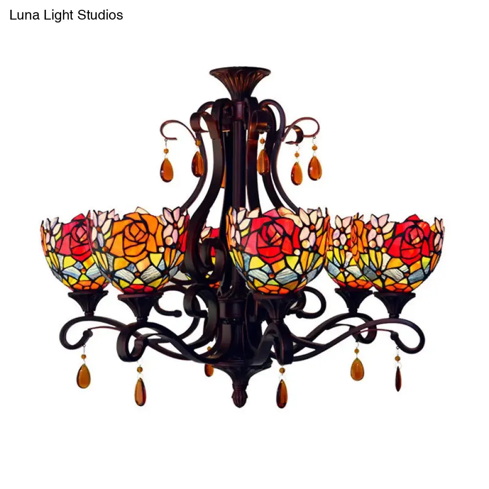 Mediterranean Stained Glass Chandelier - 6-Lights Red/Yellow/Blue Pendant with Crystal Droplet