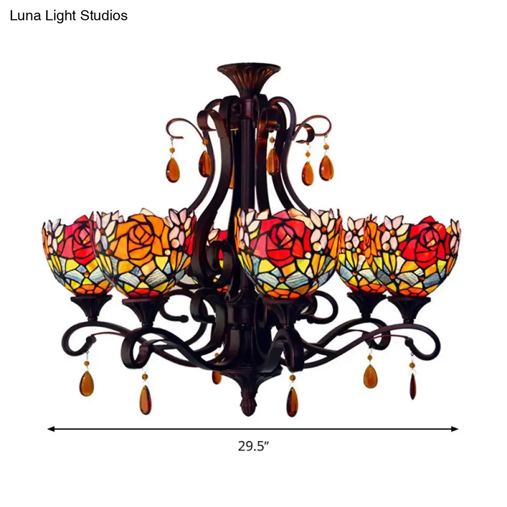 Mediterranean Stained Glass Chandelier - 6-Lights Red/Yellow/Blue Pendant with Crystal Droplet