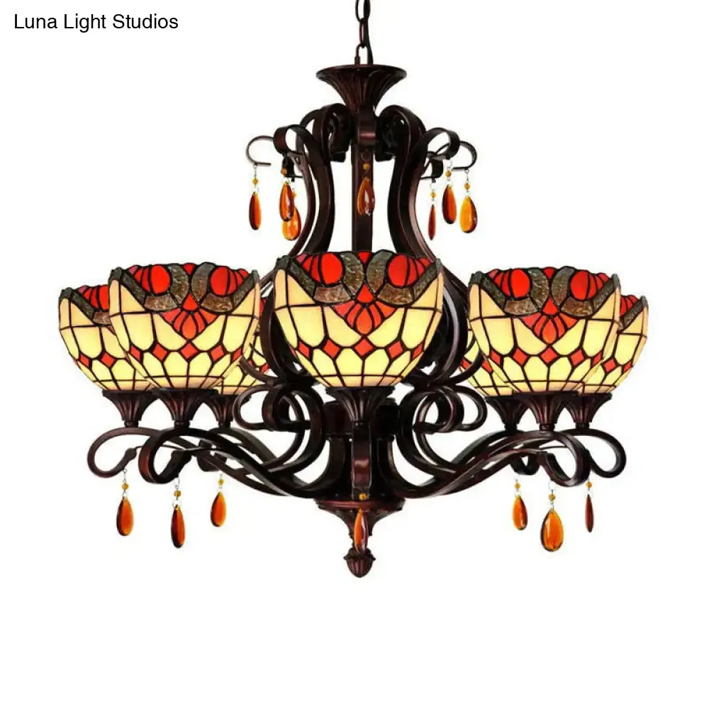 Mediterranean Stained Glass Chandelier - 6-Lights Red/Yellow/Blue Pendant with Crystal Droplet