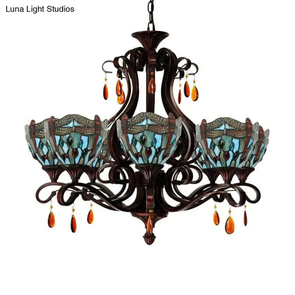 Mediterranean Stained Glass Chandelier - 6-Lights Red/Yellow/Blue Pendant with Crystal Droplet