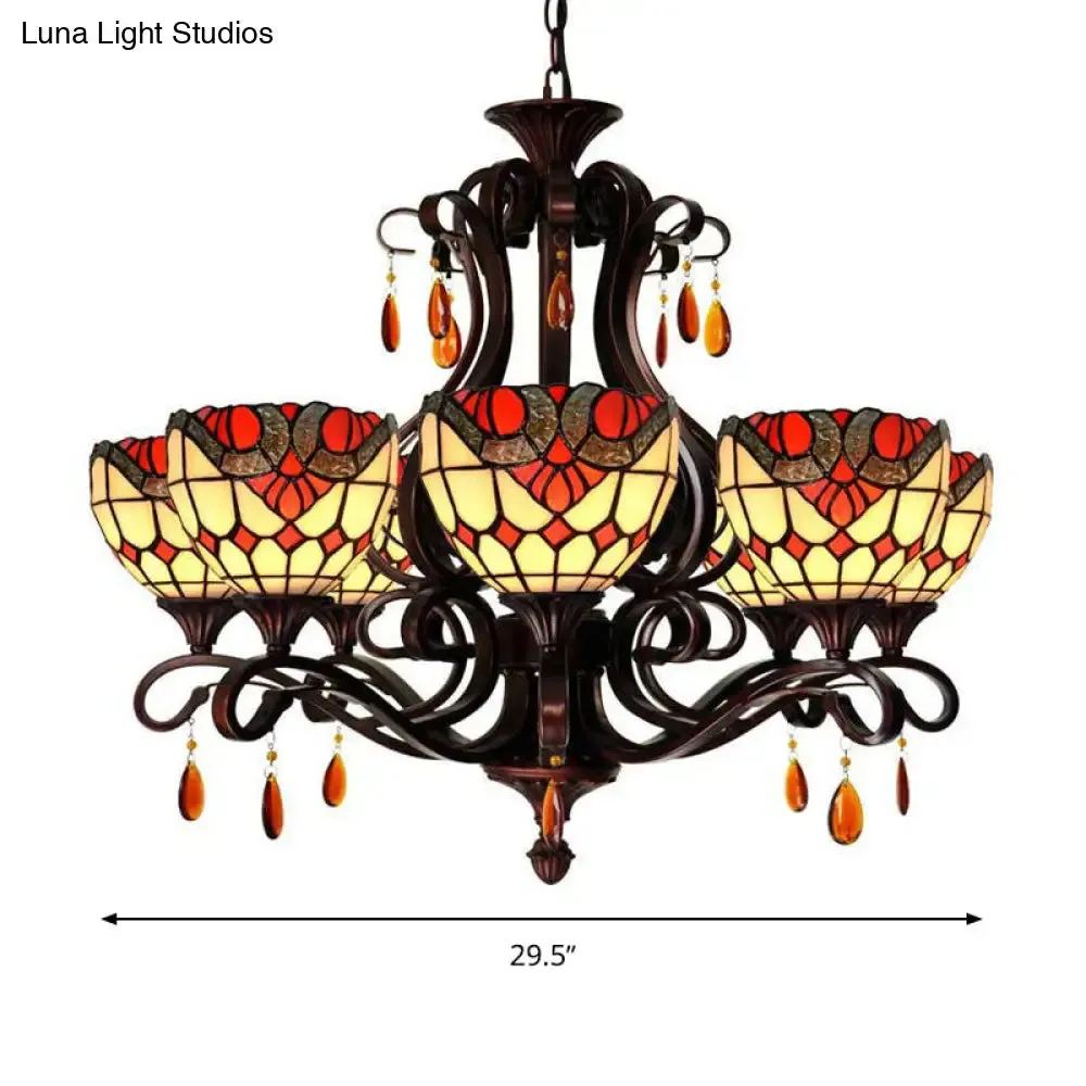 Mediterranean Stained Glass Chandelier - 6-Lights Red/Yellow/Blue Pendant with Crystal Droplet