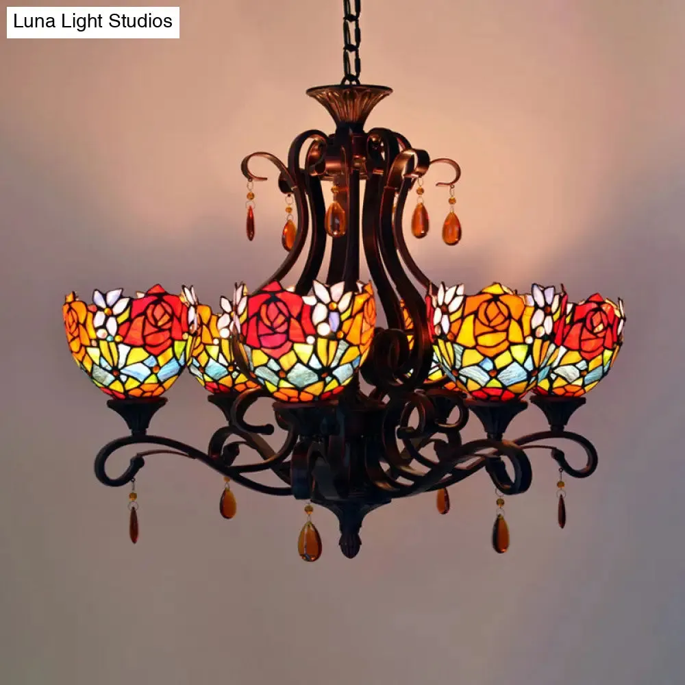 Mediterranean Stained Glass Chandelier - 6-Lights Red/Yellow/Blue Pendant with Crystal Droplet