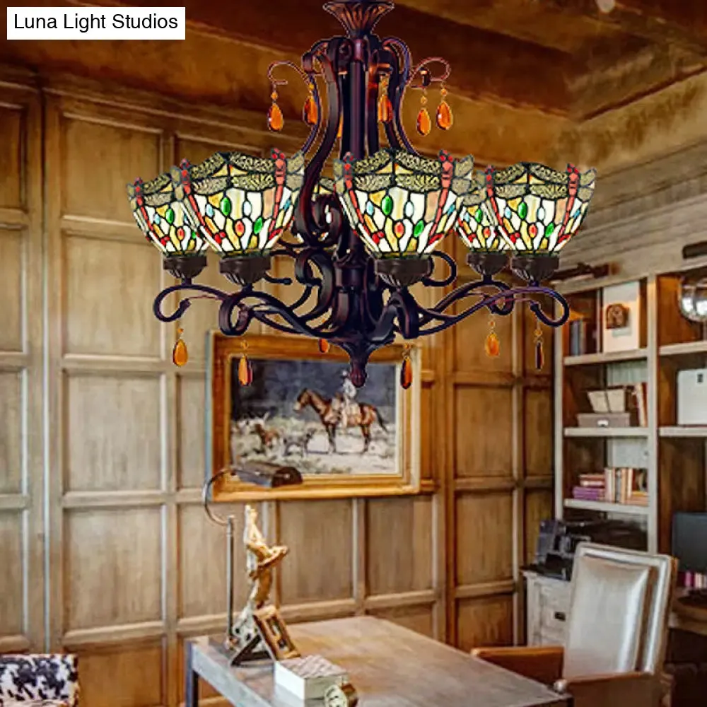 Mediterranean Stained Glass Chandelier - 6-Lights Red/Yellow/Blue Pendant with Crystal Droplet