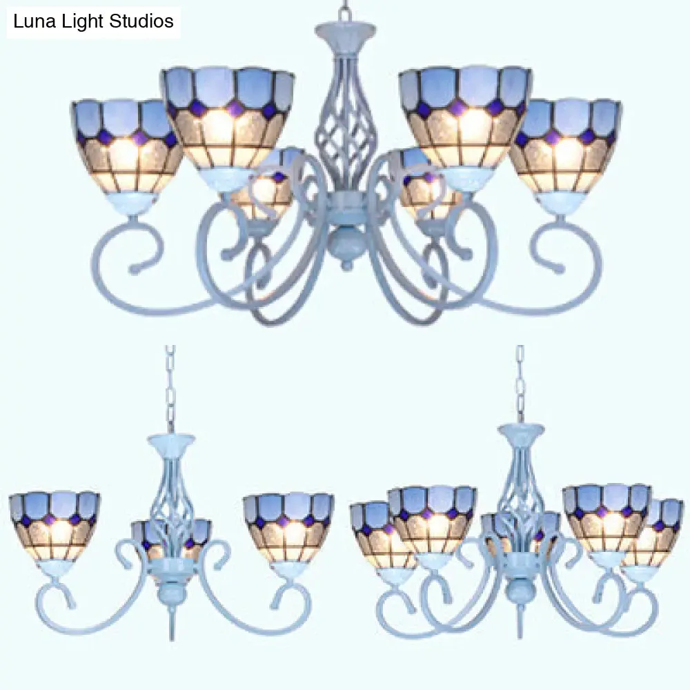 Mediterranean Stained Glass Pendant Chandelier in Light Blue - 3/5/6 Lights for Kitchen