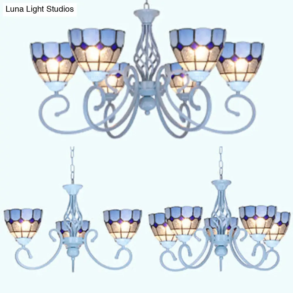 Mediterranean Stained Glass Pendant Chandelier in Light Blue - 3/5/6 Lights for Kitchen