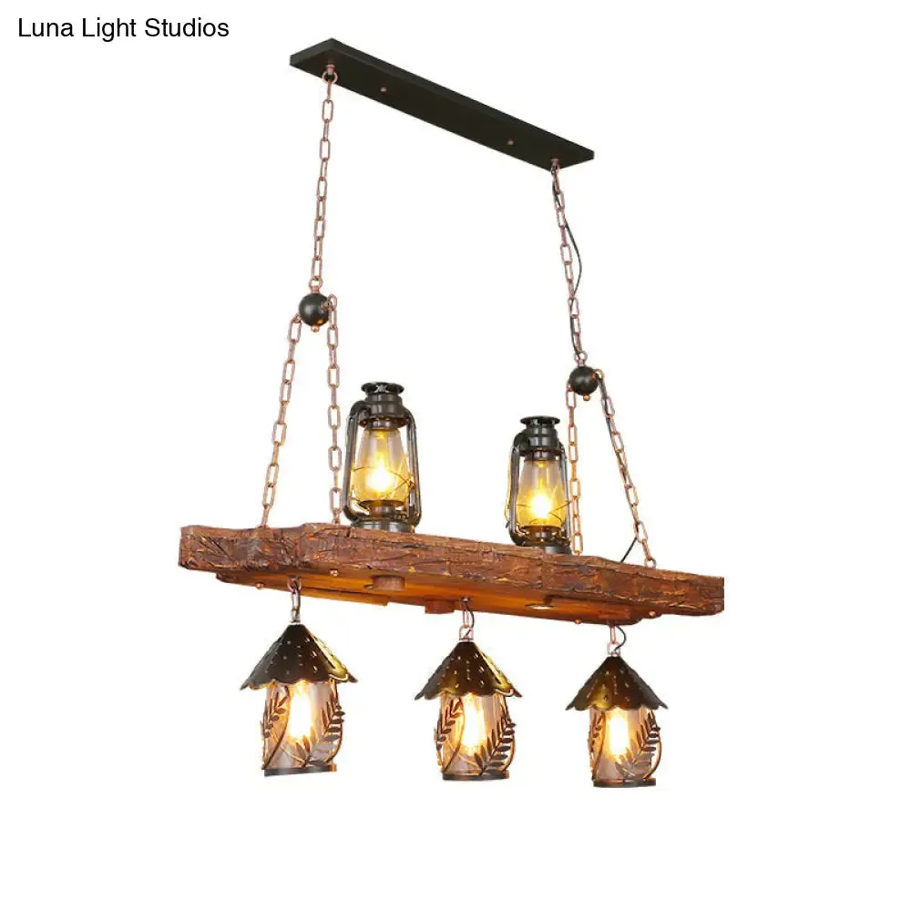 Metallic Chandelier Wood Lantern with Leaf Pattern - Elegant Restaurant Suspension Lamp