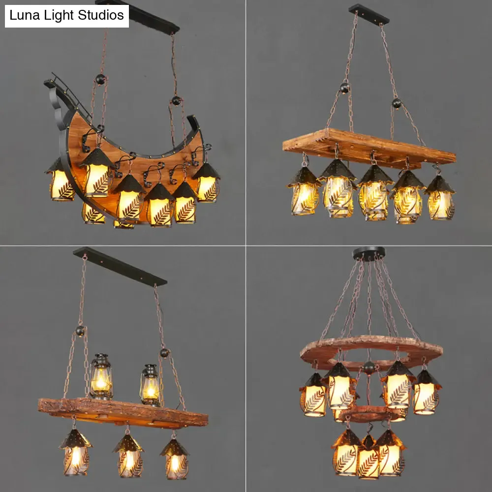 Metallic Chandelier Wood Lantern with Leaf Pattern - Elegant Restaurant Suspension Lamp