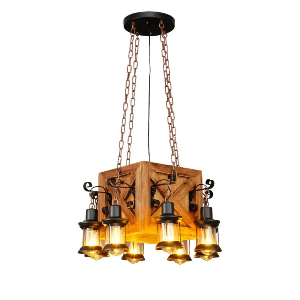 Metallic Chandelier Wood Lantern with Leaf Pattern - Elegant Restaurant Suspension Lamp