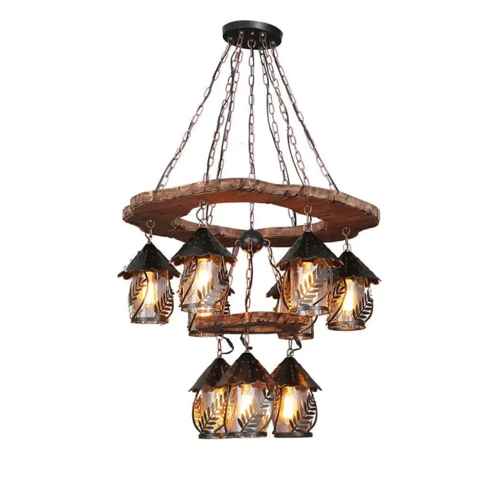 Metallic Chandelier Wood Lantern with Leaf Pattern - Elegant Restaurant Suspension Lamp