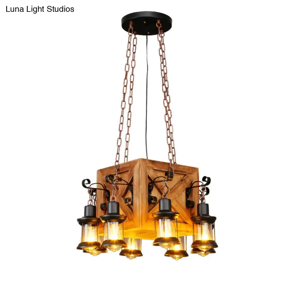 Metallic Chandelier Wood Lantern with Leaf Pattern - Elegant Restaurant Suspension Lamp