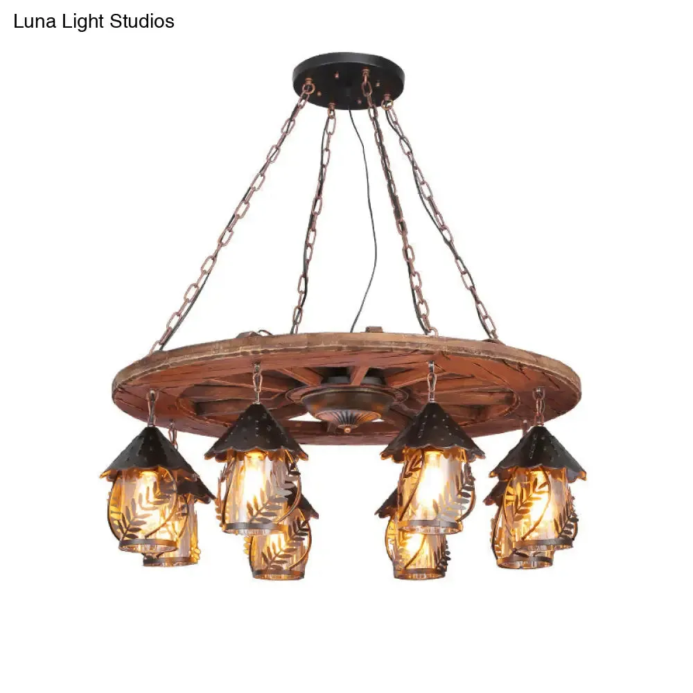 Metallic Chandelier Wood Lantern with Leaf Pattern - Elegant Restaurant Suspension Lamp