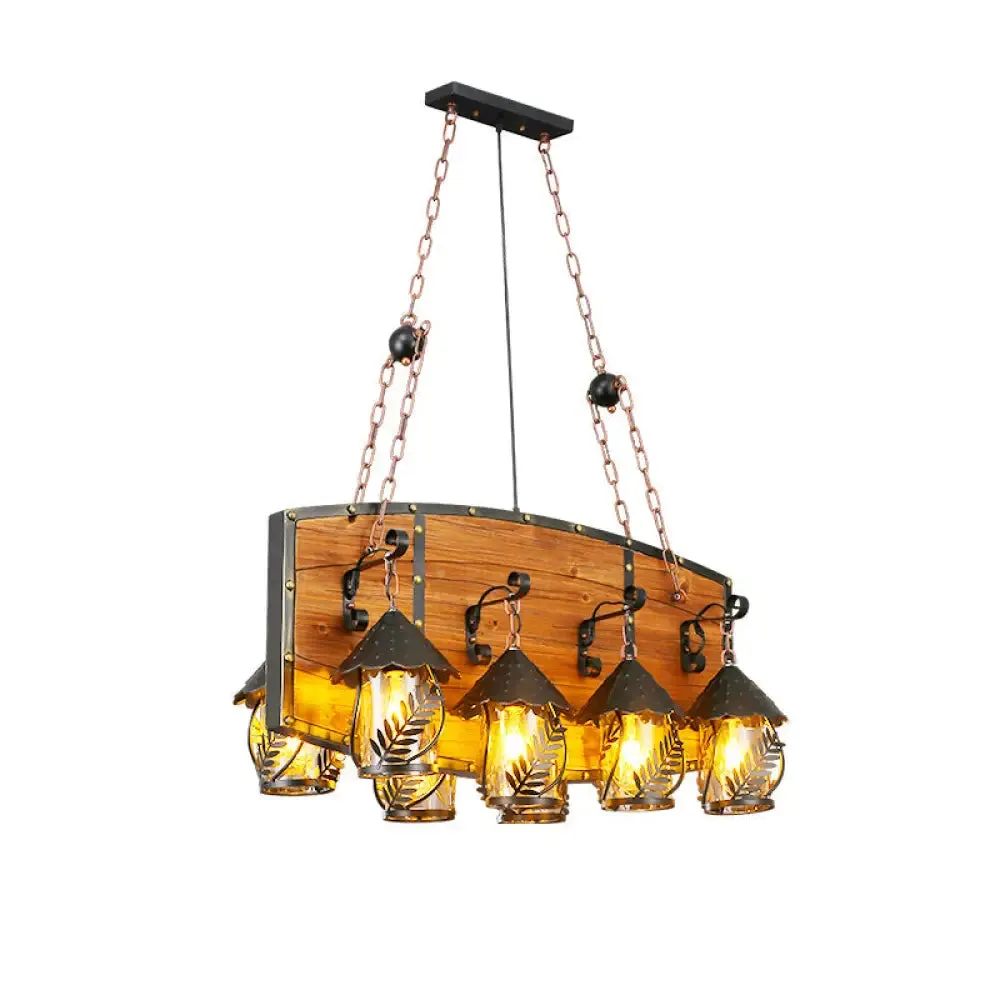 Metallic Chandelier Wood Lantern with Leaf Pattern - Elegant Restaurant Suspension Lamp