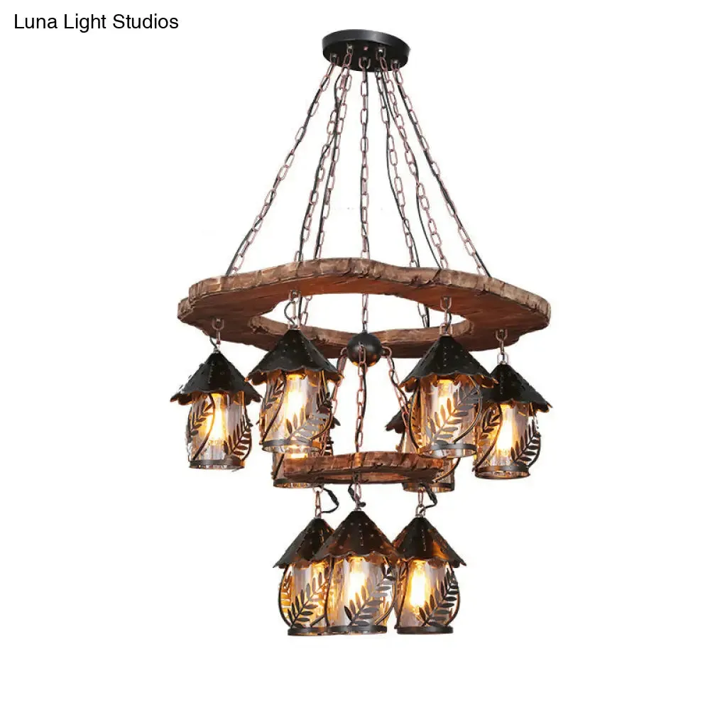 Metallic Chandelier Wood Lantern with Leaf Pattern - Elegant Restaurant Suspension Lamp