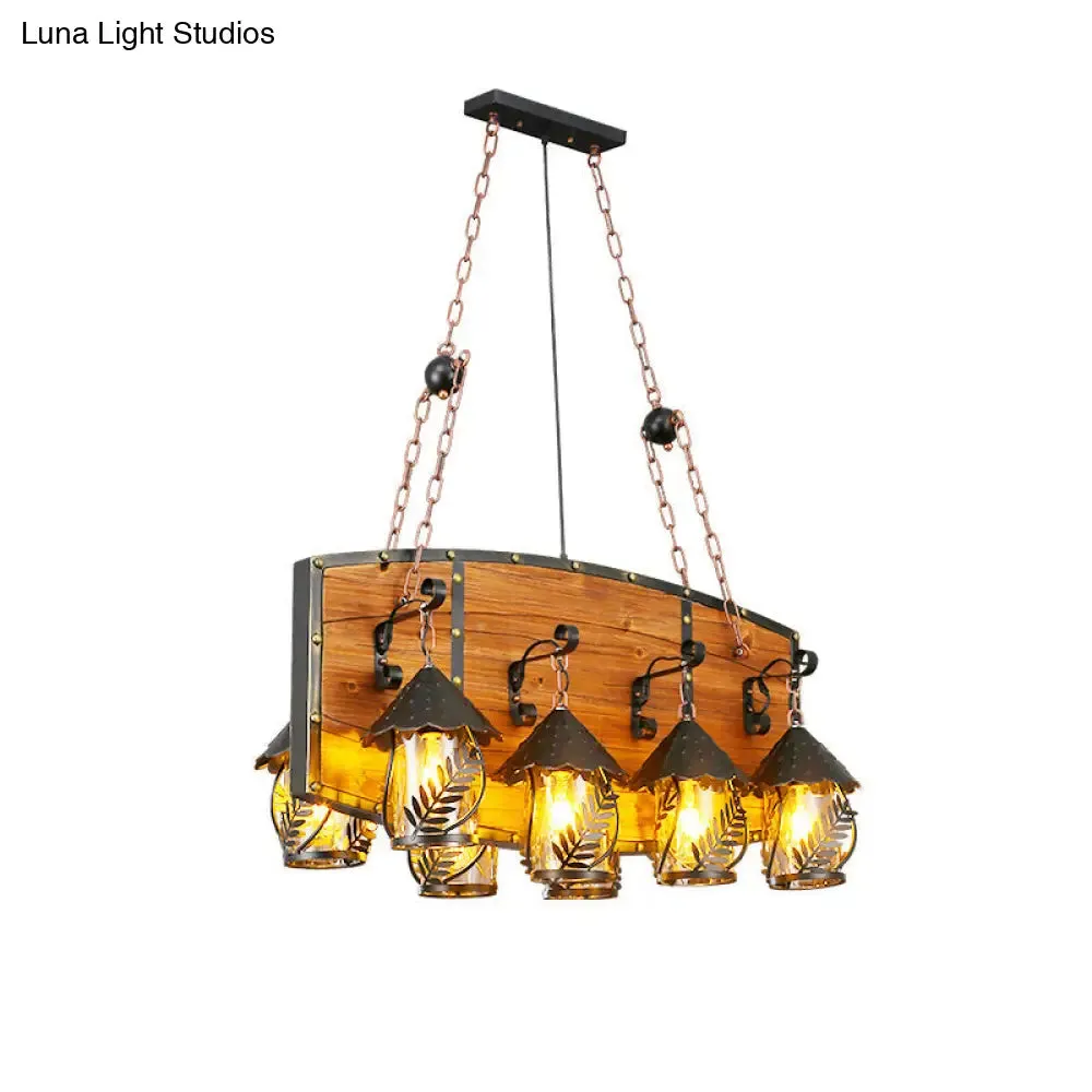 Metallic Chandelier Wood Lantern with Leaf Pattern - Elegant Restaurant Suspension Lamp