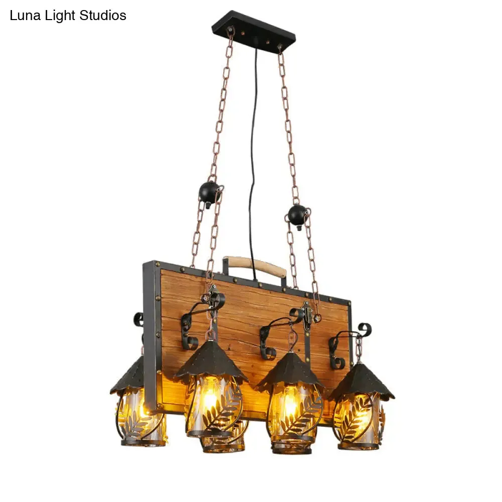 Metallic Chandelier Wood Lantern with Leaf Pattern - Elegant Restaurant Suspension Lamp