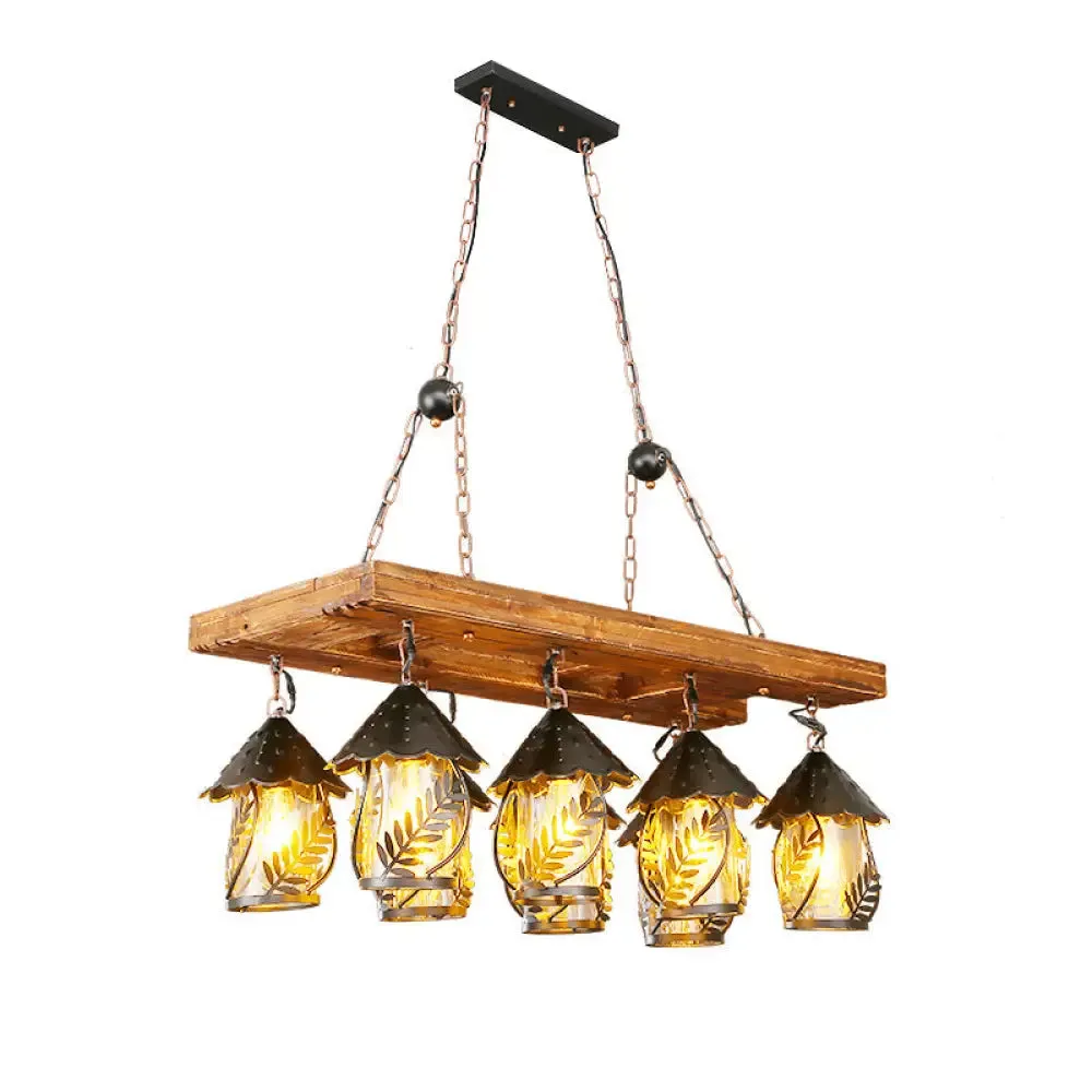 Metallic Chandelier Wood Lantern with Leaf Pattern - Elegant Restaurant Suspension Lamp