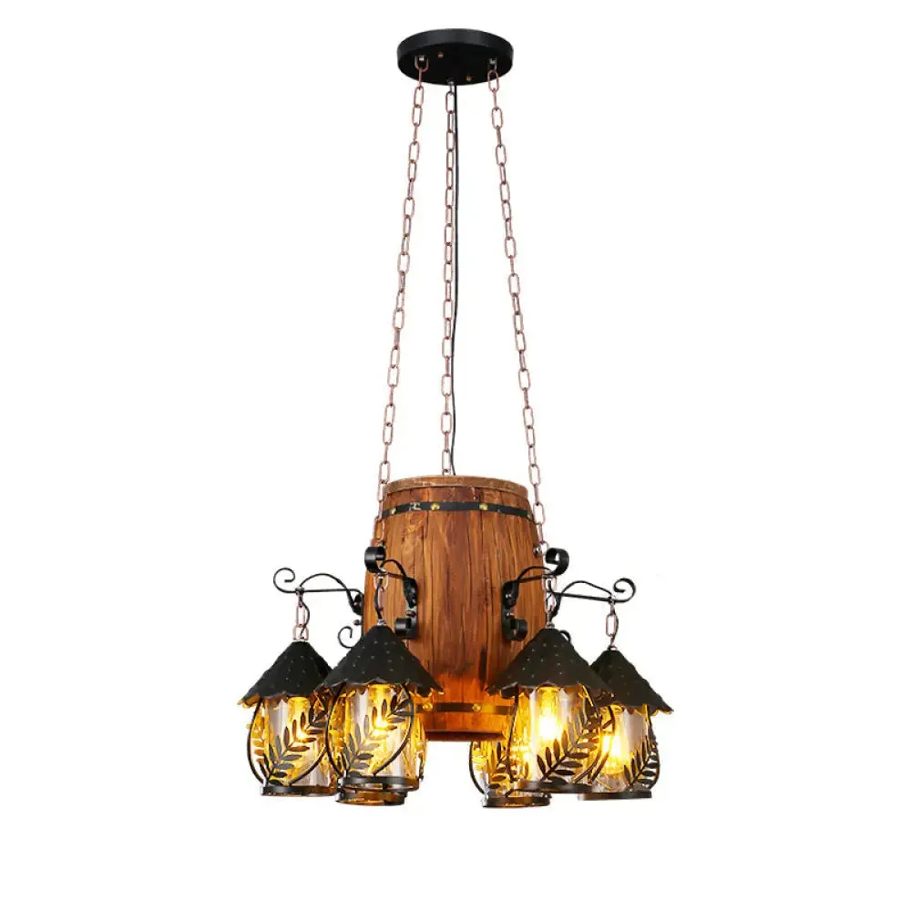 Metallic Chandelier Wood Lantern with Leaf Pattern - Elegant Restaurant Suspension Lamp