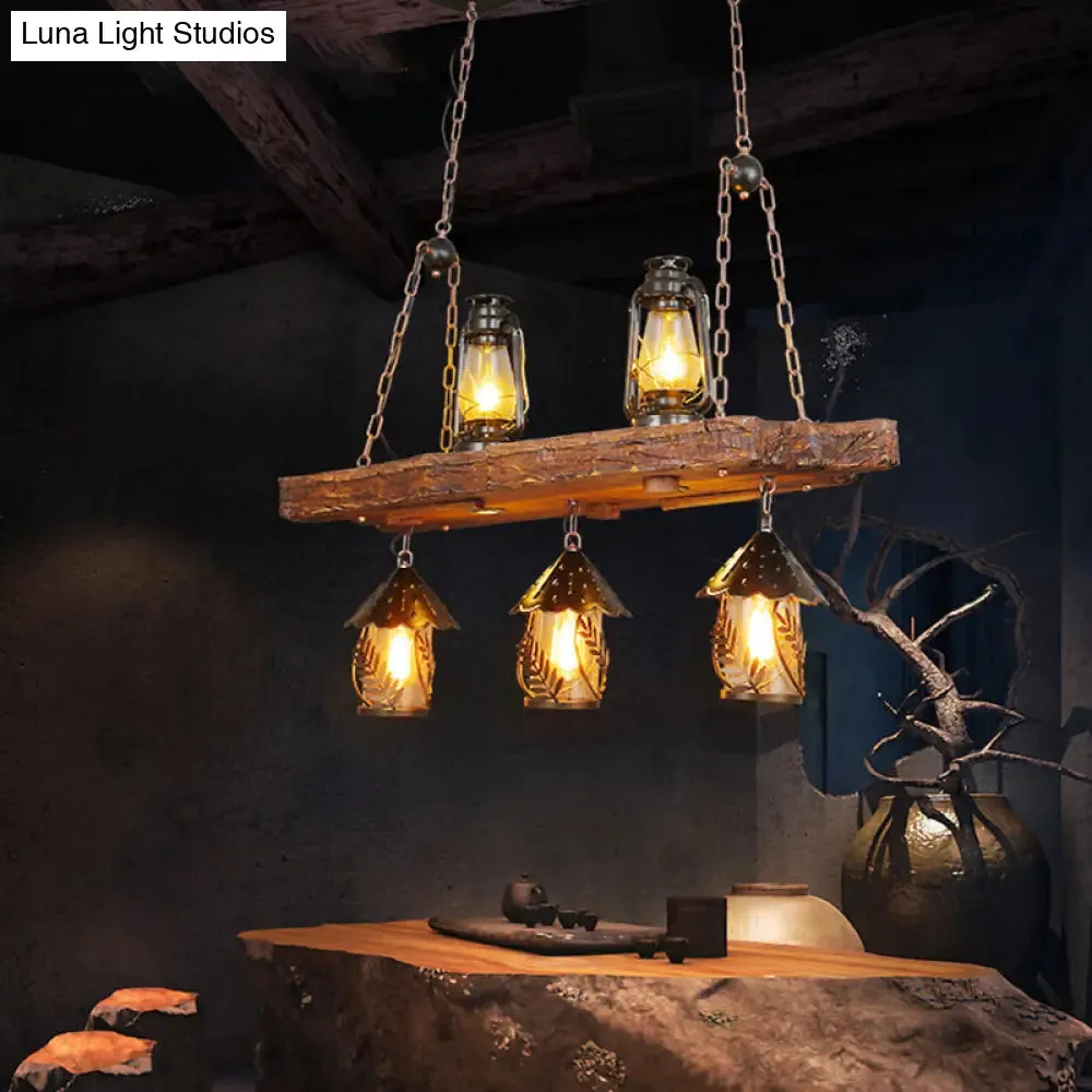 Metallic Chandelier Wood Lantern with Leaf Pattern - Elegant Restaurant Suspension Lamp