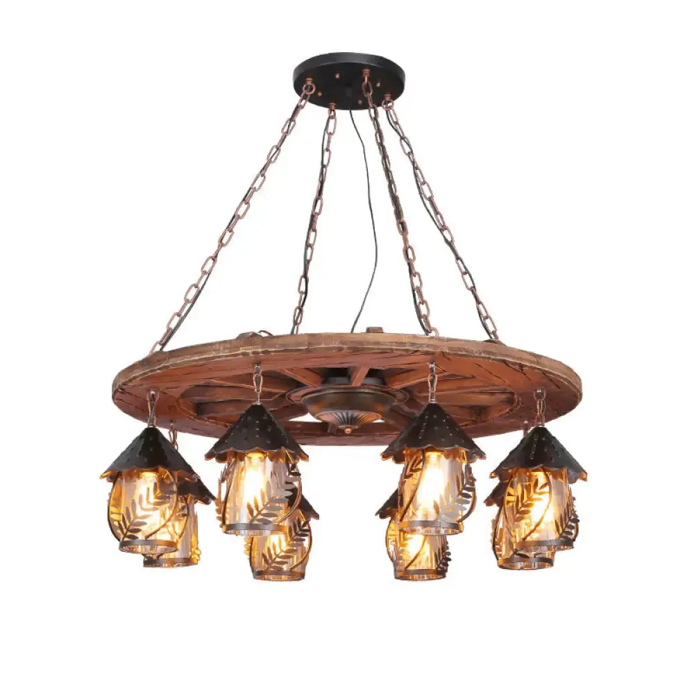 Metallic Chandelier Wood Lantern with Leaf Pattern - Elegant Restaurant Suspension Lamp