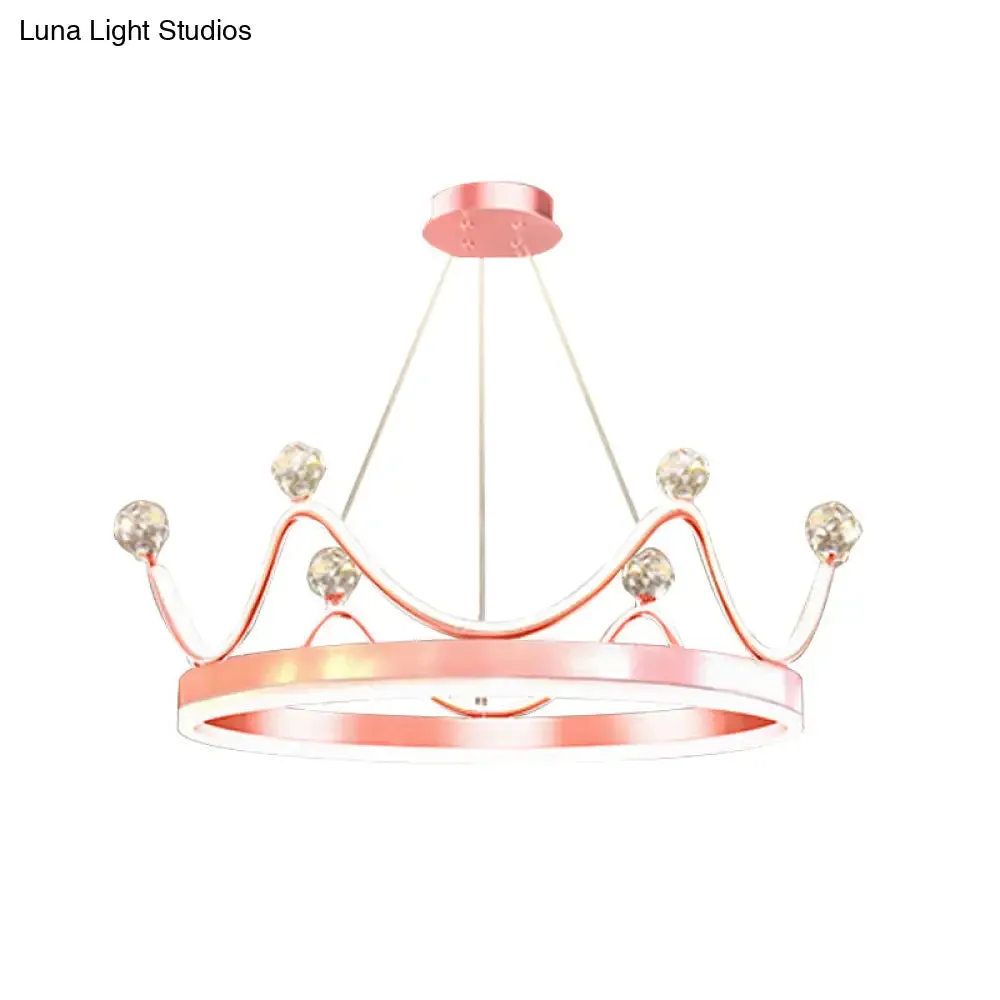 Metallic Crown LED Chandelier with Crystal Bead Décor - Nordic Style Pendant Lighting (Pink/Gold)