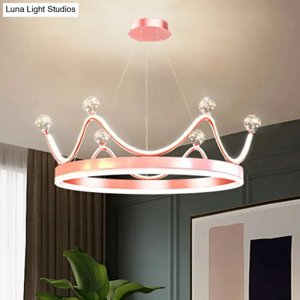 Metallic Crown LED Chandelier with Crystal Bead Décor - Nordic Style Pendant Lighting (Pink/Gold)