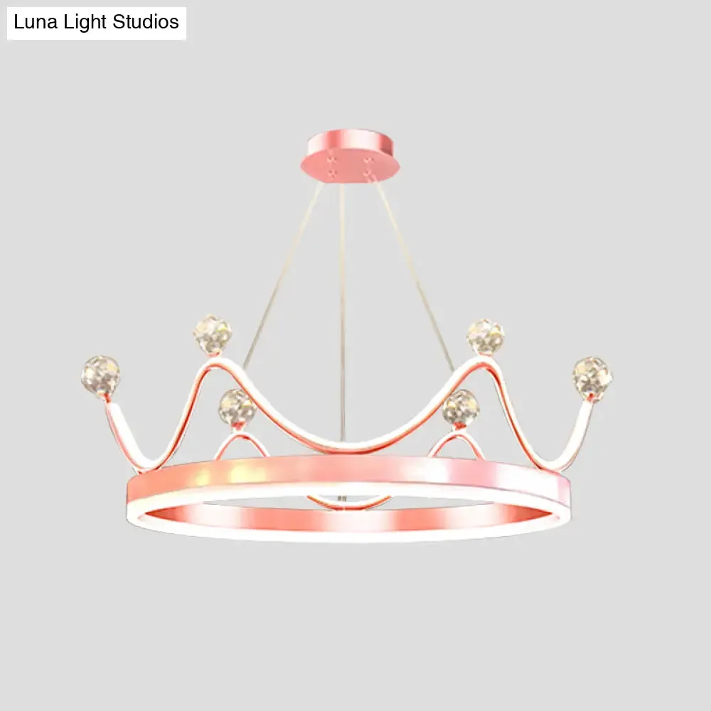 Metallic Crown LED Chandelier with Crystal Bead Décor - Nordic Style Pendant Lighting (Pink/Gold)