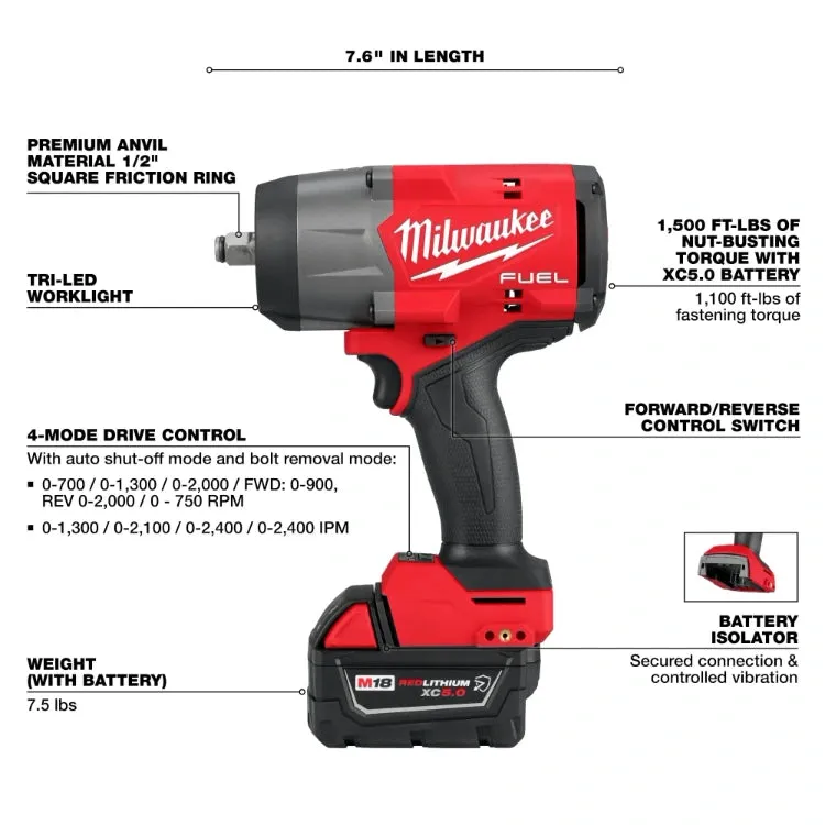 Milwaukee 2967-21B M18 FUEL™ 1/2" High Torque Impact Wrench w/ Friction Ring Kit   Free Battery