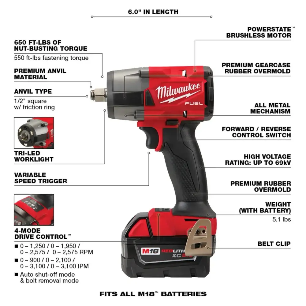 Milwaukee M18 FUEL Impact Wrench Combo Kit, 1/2" HT & 3/8" MT - 3010-22