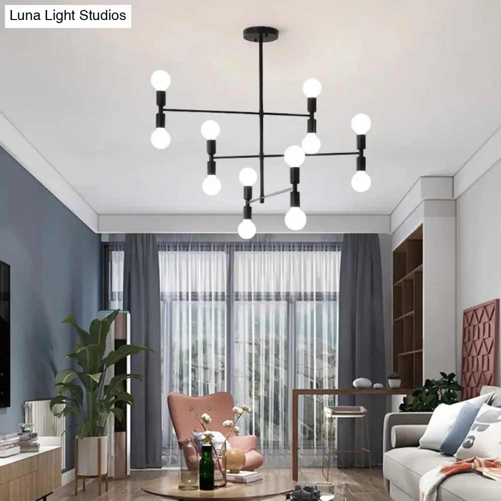 Modern 12-Light Tiered Metal Ceiling Light: Black/Gold Chandelier for Living Room