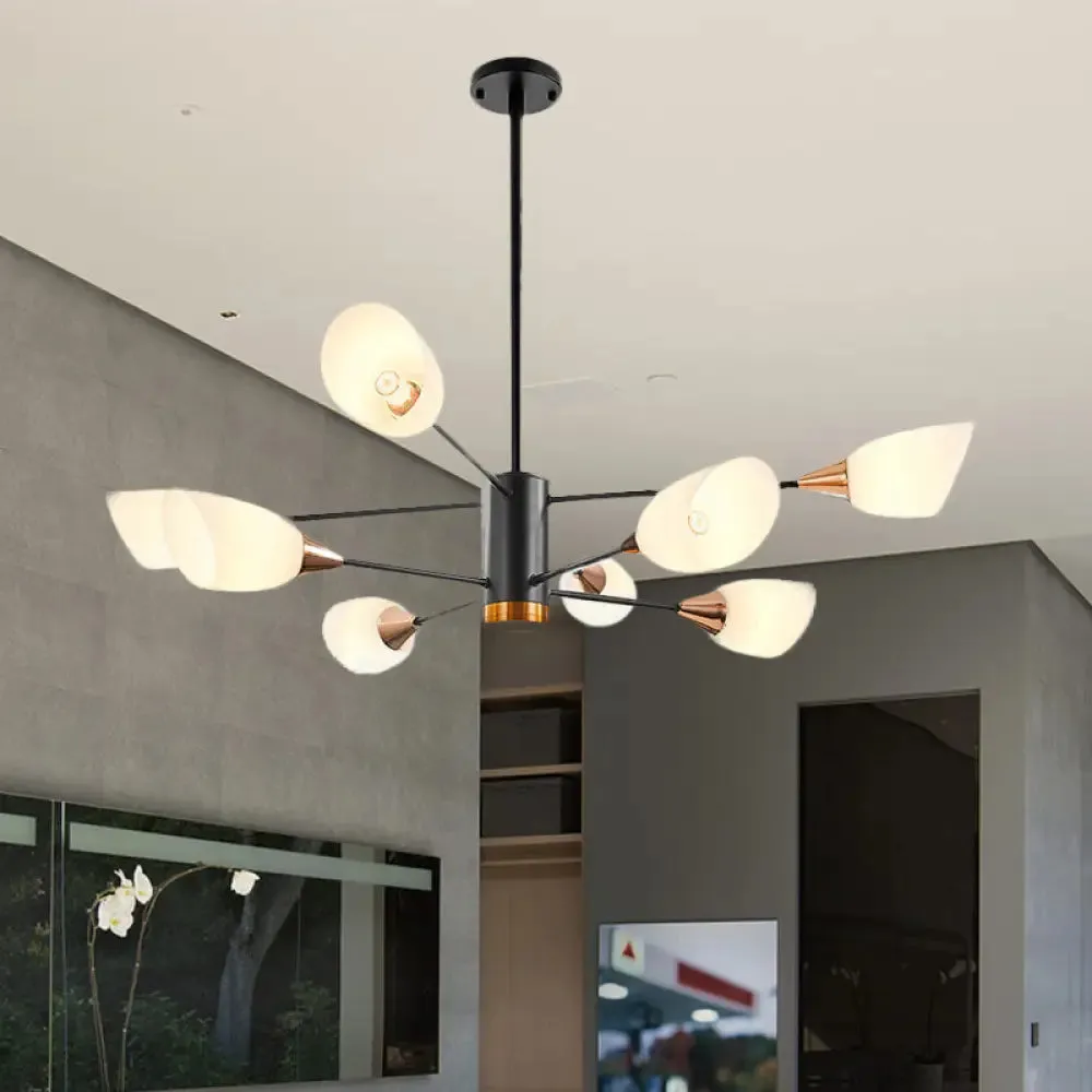 Modern Black Chandelier - 8 Heads Living Room Pendant Light Fixture with Floral Glass Shade