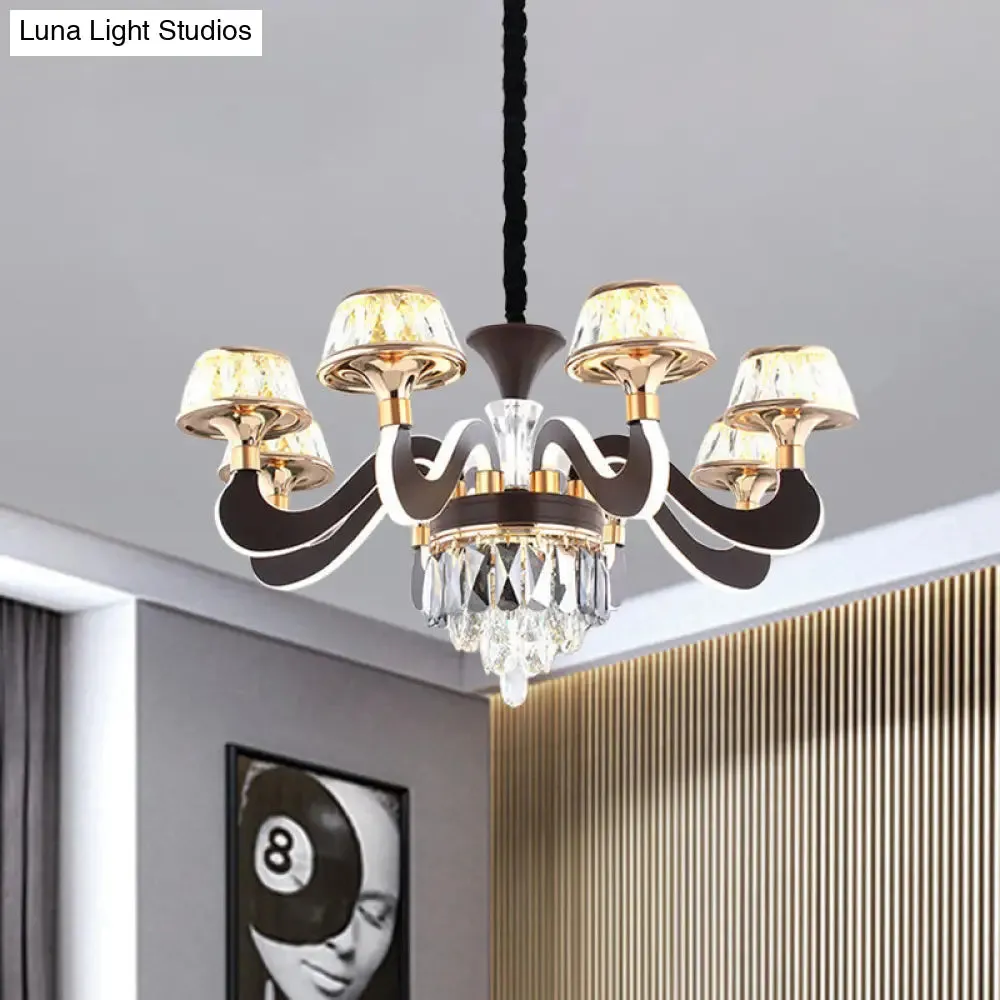 Modern Black Crystal Chandelier with 6 LED Lights and Gooseneck Arm - Stylish Ceiling Pendant