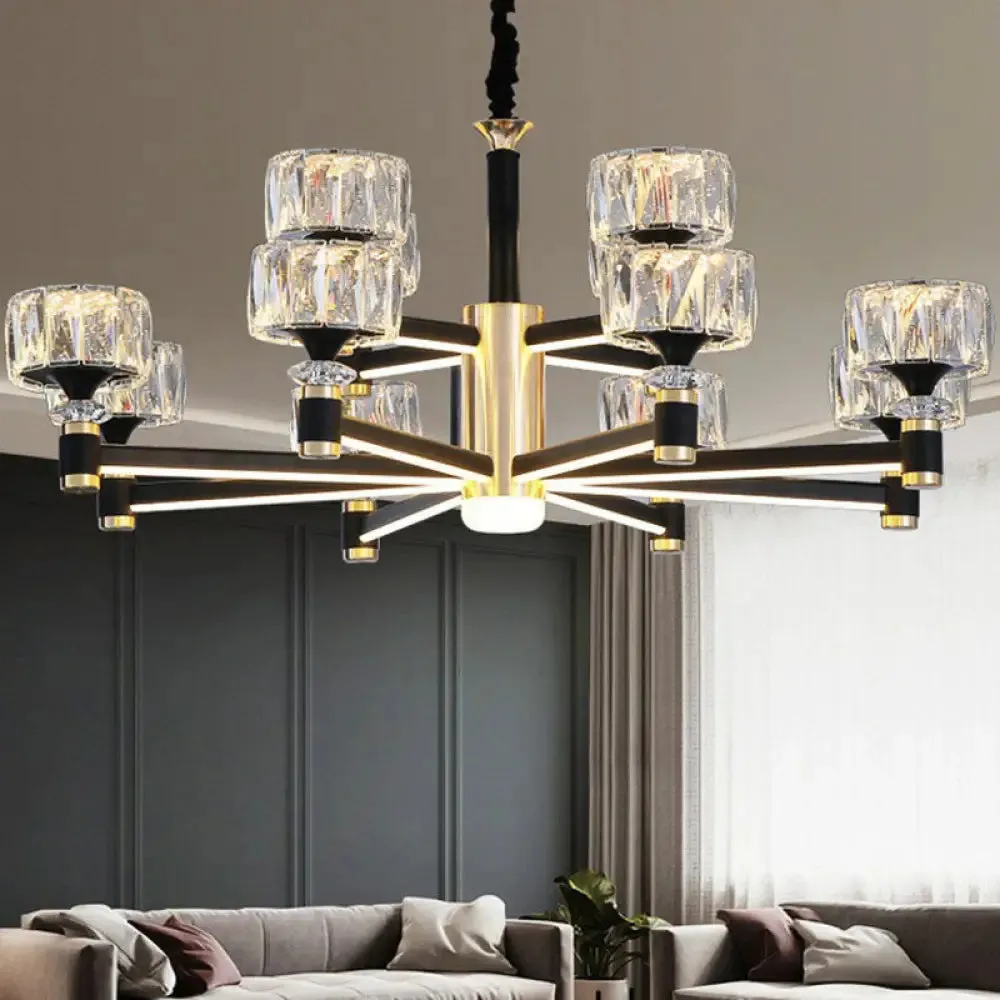 Modern Black Crystal Drum Hanging Light Fixture - Chic Living Room Chandelier