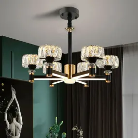 Modern Black Crystal Drum Hanging Light Fixture - Chic Living Room Chandelier