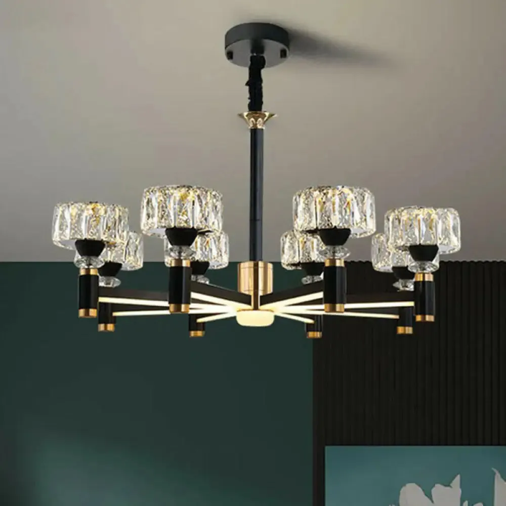 Modern Black Crystal Drum Hanging Light Fixture - Chic Living Room Chandelier