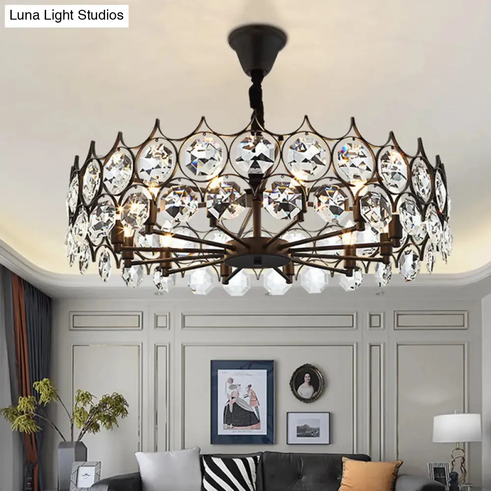 Modern Black Geometric Chandelier with Beveled Crystal Pendant Light for Living Room