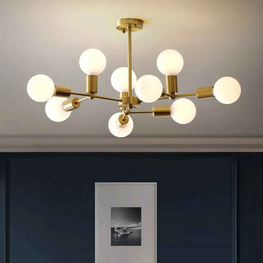 Modern Brass Modo Pendant Chandelier with 9 Frosted White Glass Lights - Branch Design