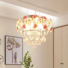 Modern Chrome Drum Cage Pendant Chandelier with 6 Bulbs and Pink Rose Crystal Drape – Dining Table Suspension Lamp