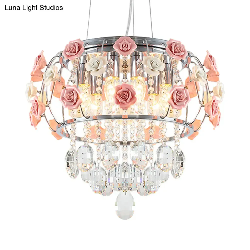 Modern Chrome Drum Cage Pendant Chandelier with 6 Bulbs and Pink Rose Crystal Drape – Dining Table Suspension Lamp