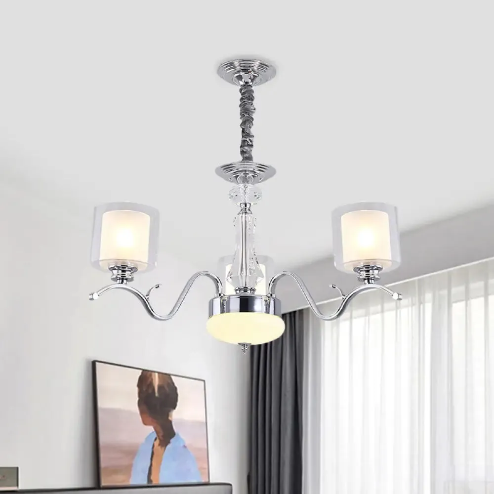 Modern Chrome Dual Cylinder Chandelier with 3 Bulbs, Clear and Opal Glass - Ceiling Hanging Fixture