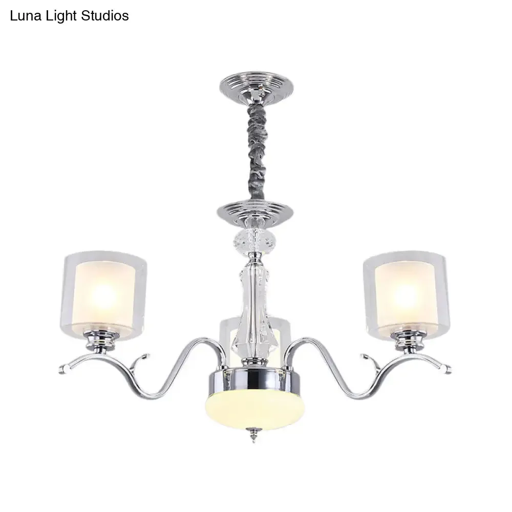 Modern Chrome Dual Cylinder Chandelier with 3 Bulbs, Clear and Opal Glass - Ceiling Hanging Fixture