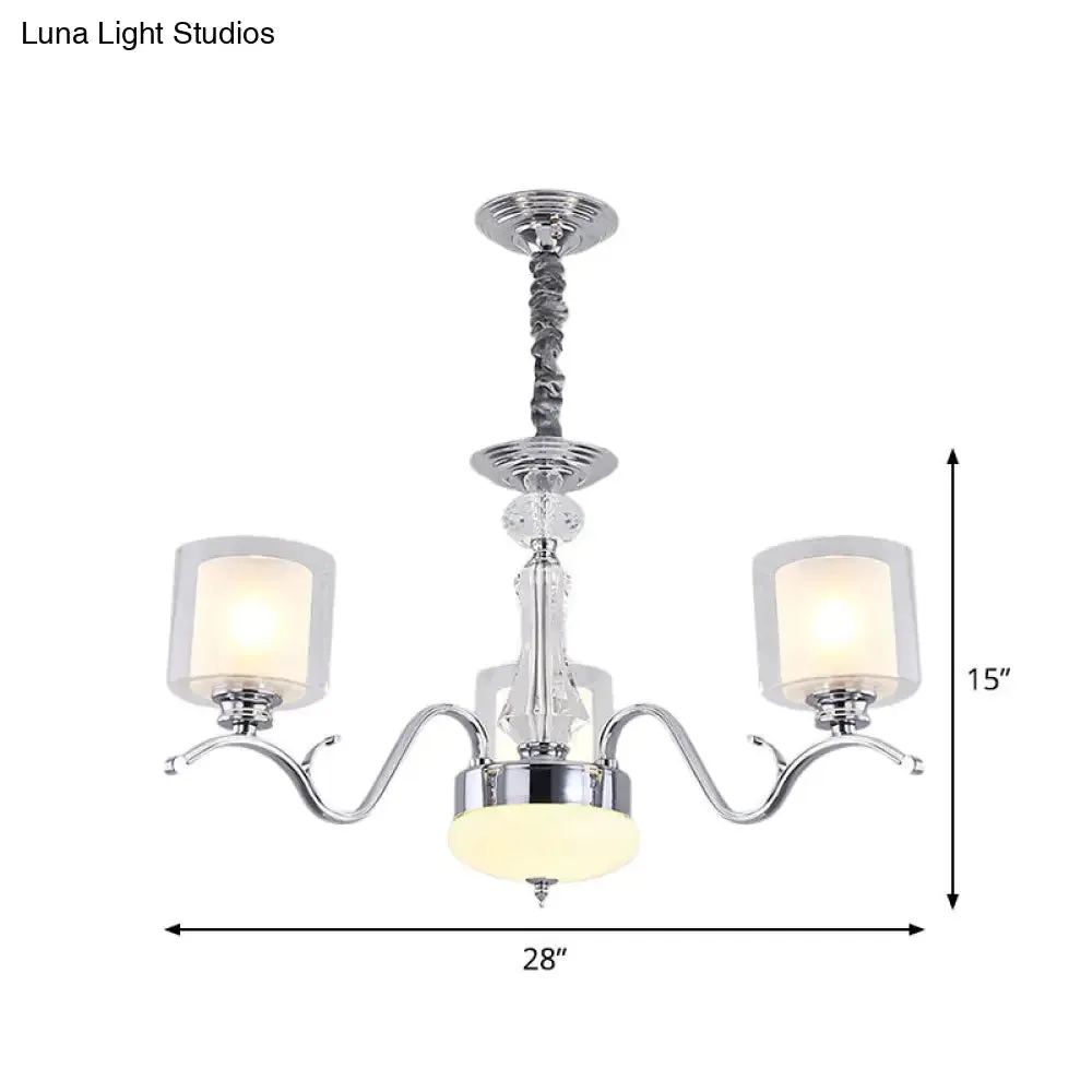 Modern Chrome Dual Cylinder Chandelier with 3 Bulbs, Clear and Opal Glass - Ceiling Hanging Fixture