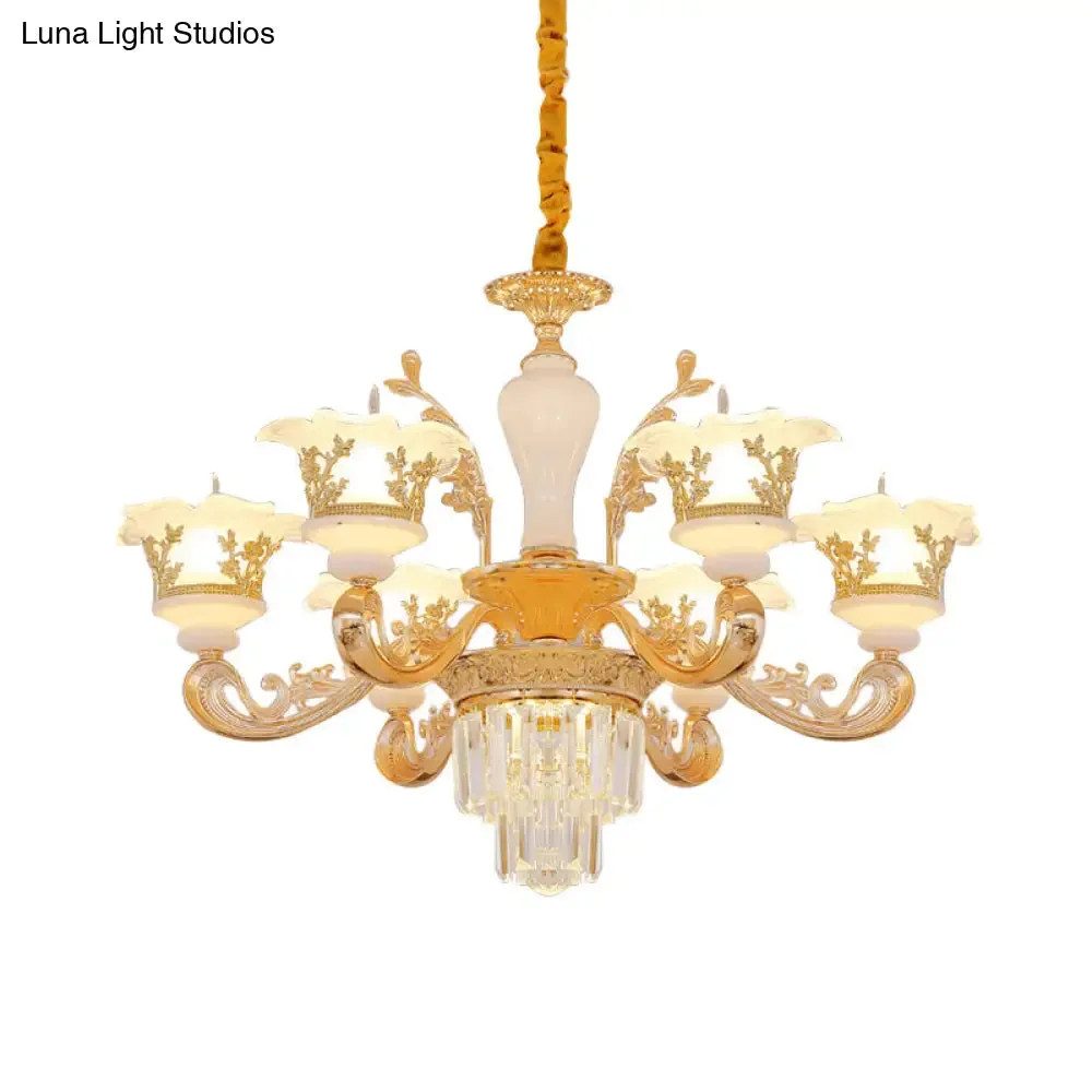 Modern Crystal Chandelier with Carved Frosted Glass Shade - 6 Bulbs Pendant in Gold for Bedroom