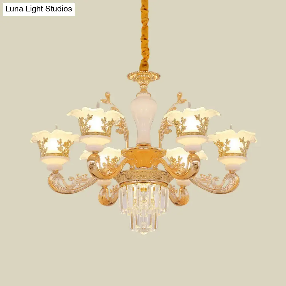 Modern Crystal Chandelier with Carved Frosted Glass Shade - 6 Bulbs Pendant in Gold for Bedroom