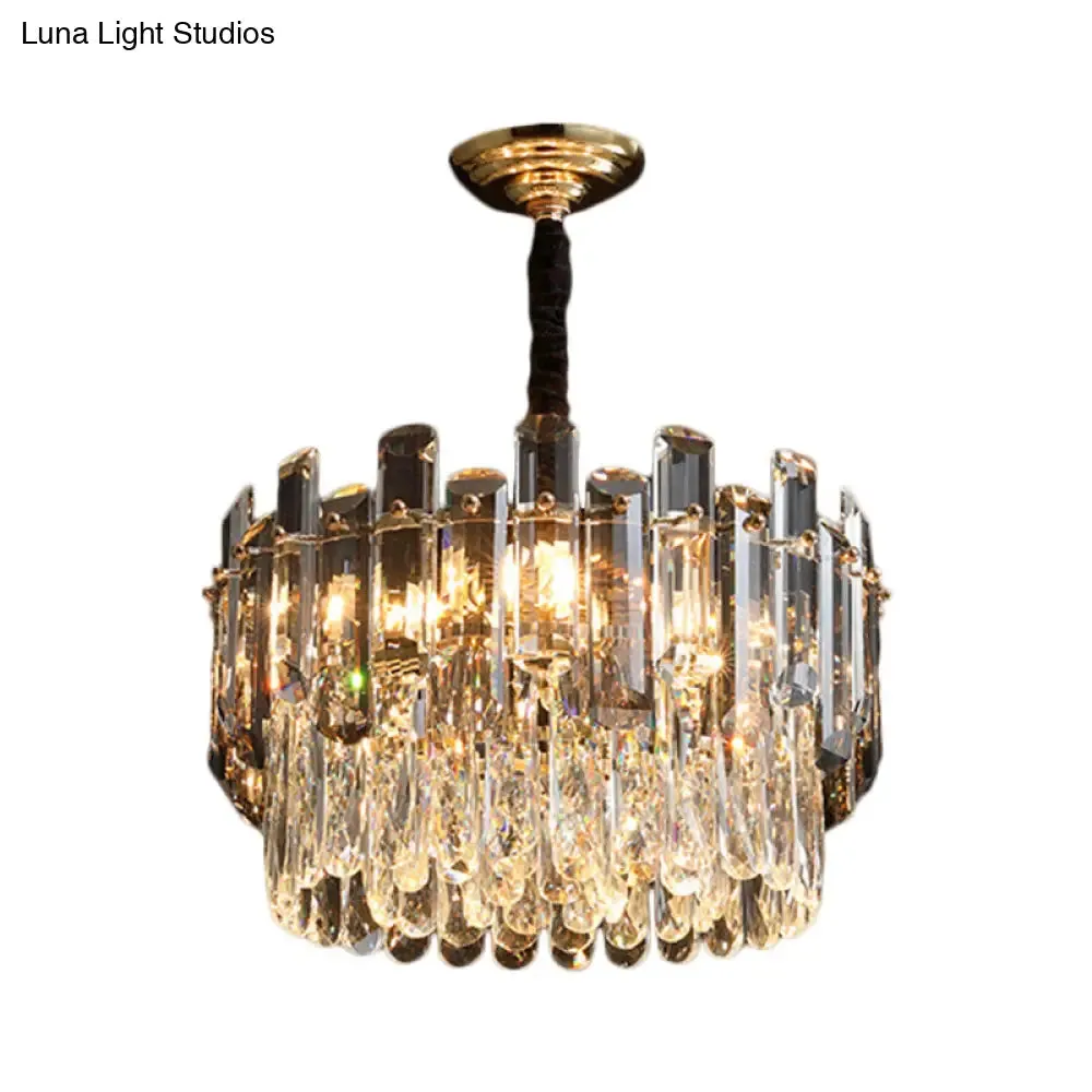 Modern Crystal Prismatic Drum Suspension Lamp with 6 Bulbs - Clear Dinning Hall Chandelier