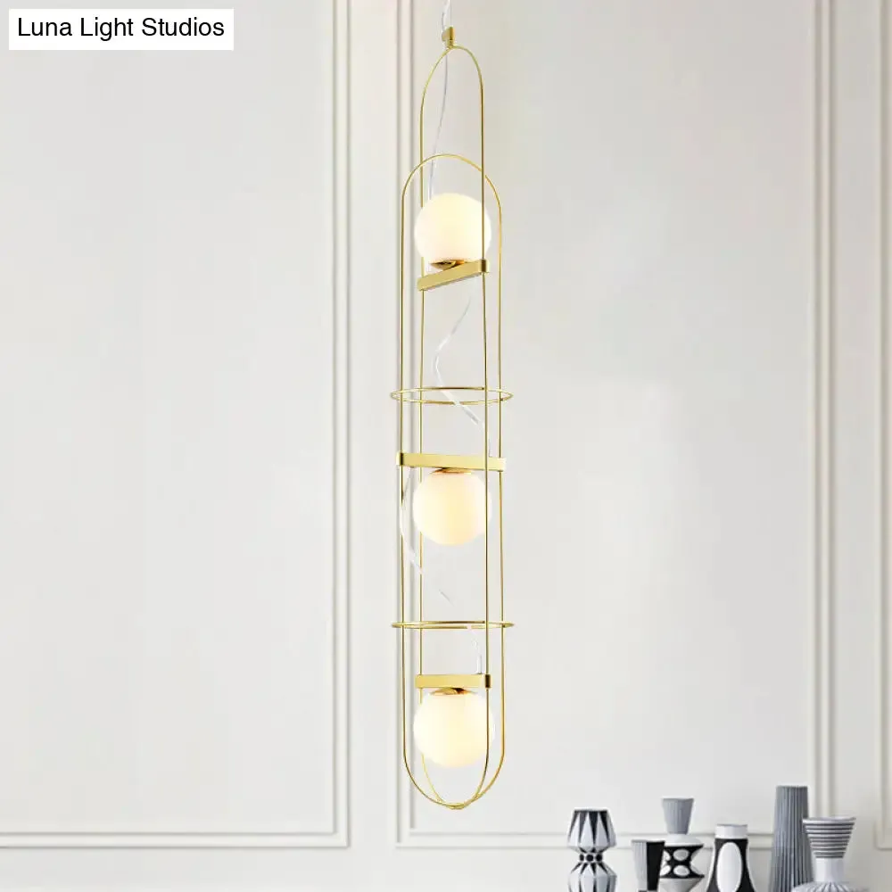 Modern Gold Chandelier with Oval Metal Frame - White Glass Sphere Ceiling Light (3 Heads)