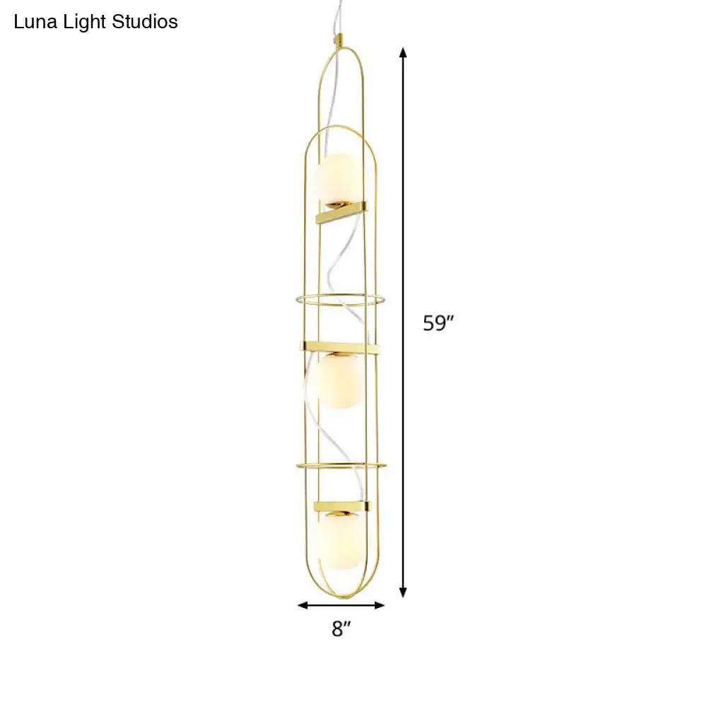 Modern Gold Chandelier with Oval Metal Frame - White Glass Sphere Ceiling Light (3 Heads)