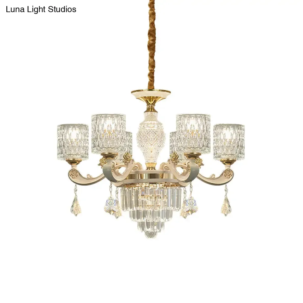 Modern Gold Cylinder Crystal Pendant Chandelier - 6/8-Light, Dining Room Lamp Fixture