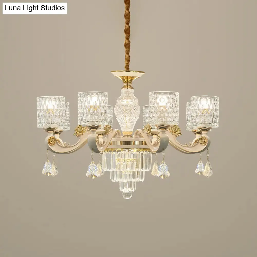 Modern Gold Cylinder Crystal Pendant Chandelier - 6/8-Light, Dining Room Lamp Fixture