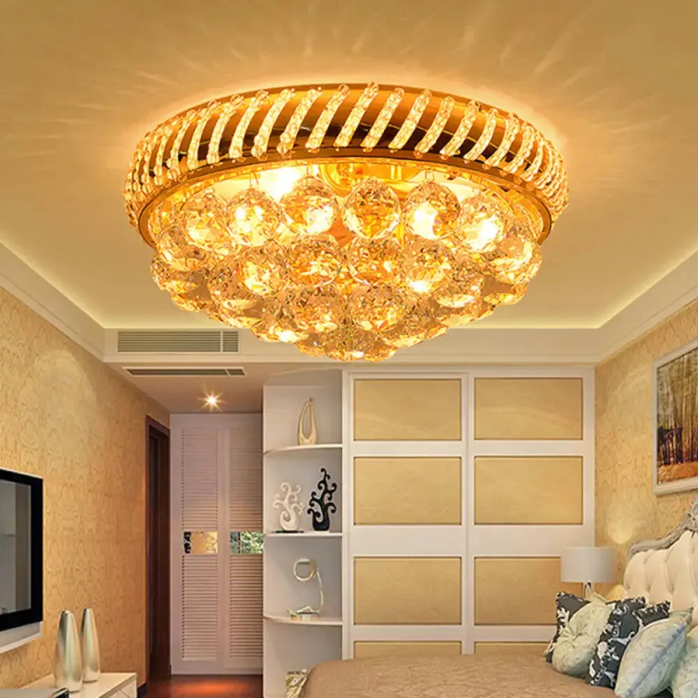 Modern Gold Flush Mount Chandelier with Crystal Ball & Round Shade - 14"/18" W, 3/4/5 Heads